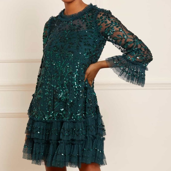 Needle & Thread Celia Mini Dress Sequin Emerald Green 8